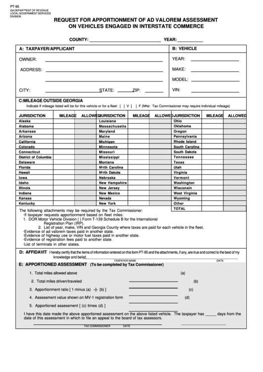 Form Pt95 Request For Apportionment Of Ad Valorem Assessment On