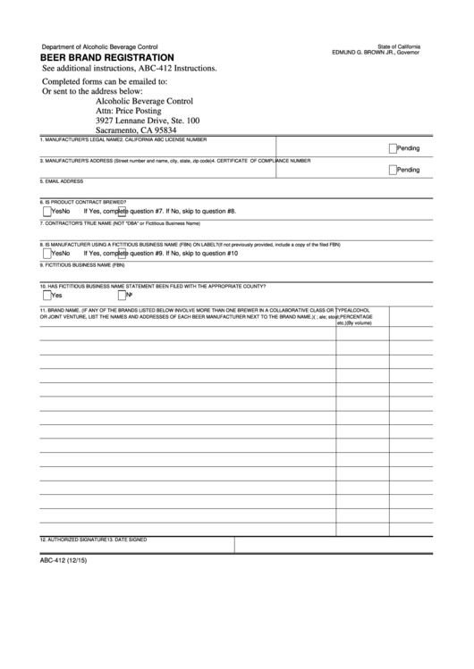 Form Abc412 Beer Brand Registration printable pdf download
