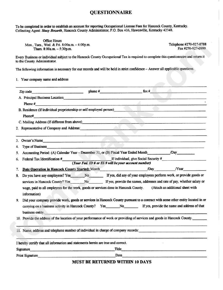 Questionnaire Occupational License Fees For Hancock County printable