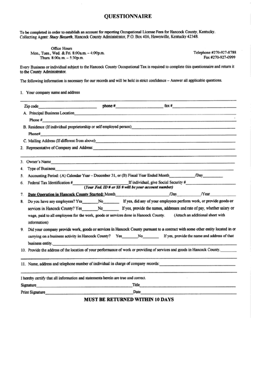 Questionnaire Occupational License Fees For Hancock County printable