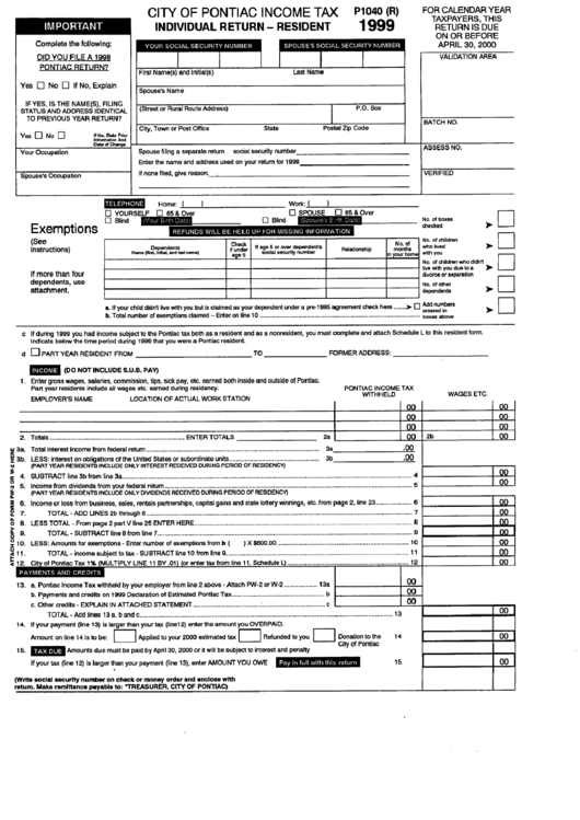 Form P1040 (R) City Of Pontiac Tax Individual Return
