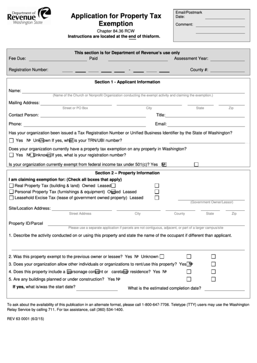 Form Rev 63 0001 Application For Property Tax Exemption printable pdf