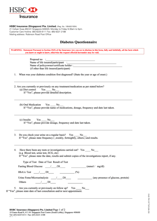 Diabetes Questionnaire Form printable pdf download