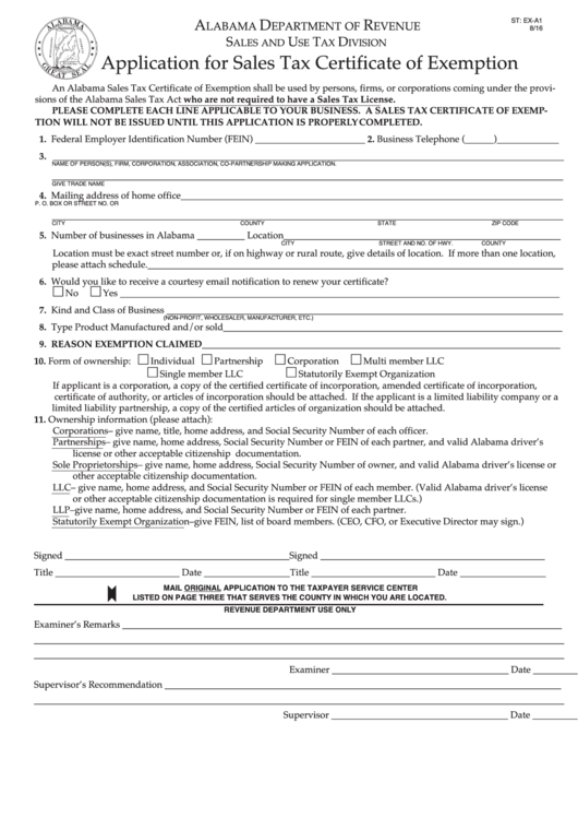 Fillable Form ExA1 Application For Sales Tax Certificate Of