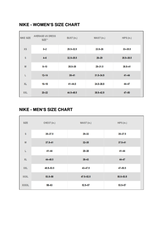 Nike - Men'S And Women'S Size Chart printable pdf download