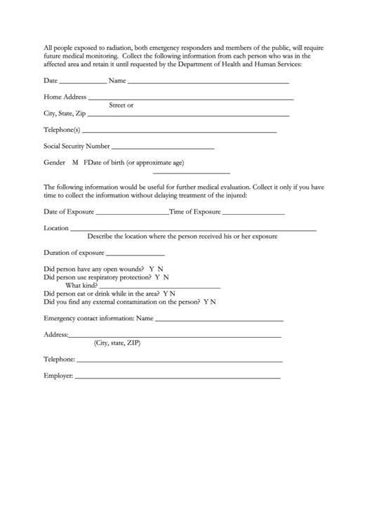 Exposure To Radiation Medical Questionnaire Form printable pdf download