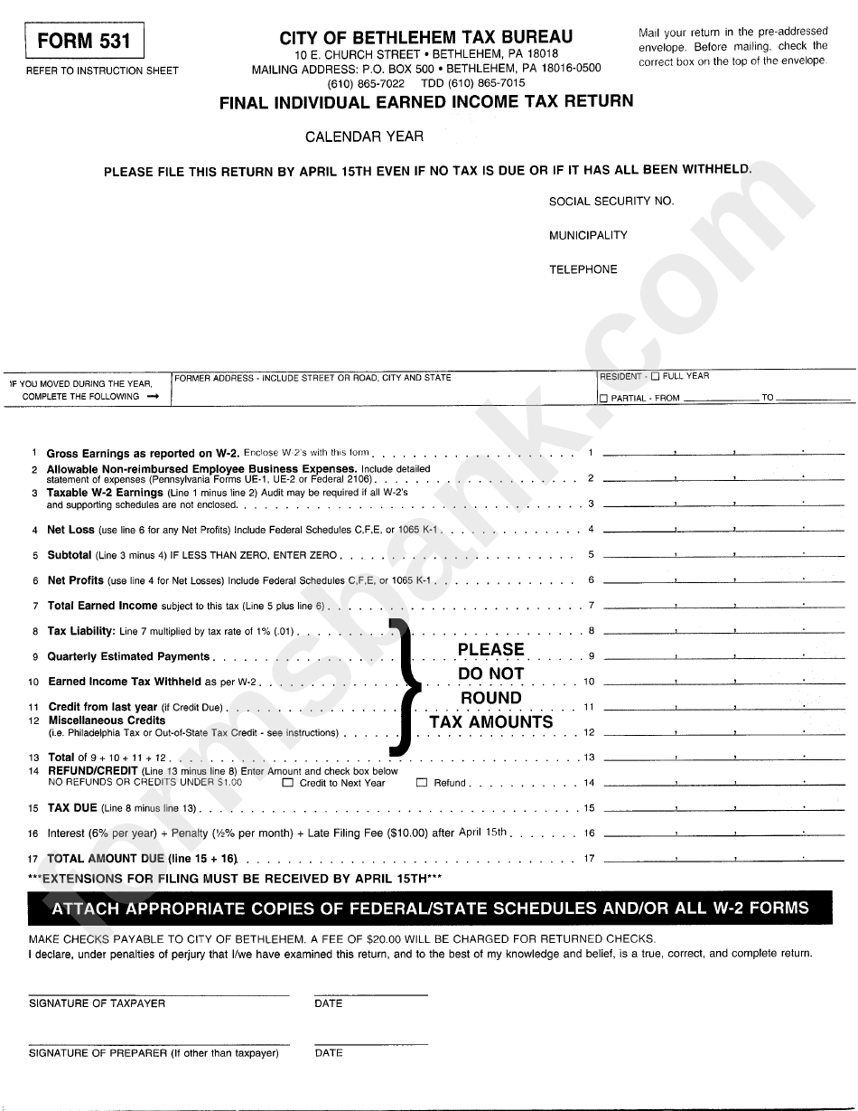 Form 531 Final Individual Earned Tax Return City Of