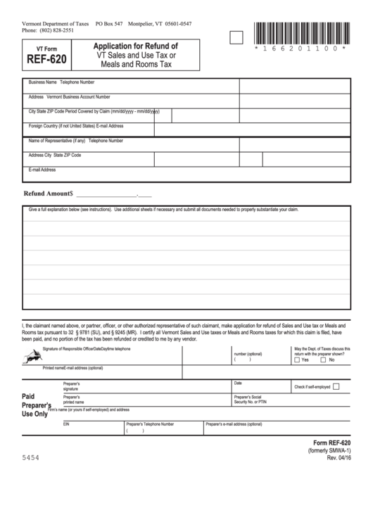 Form Ref620 Application For Refund Of Vt Sales And Use Tax Or Meals And Rooms Tax printable