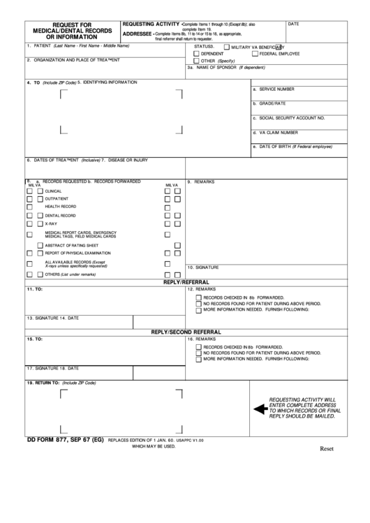 Fillable Form 877 Request For Medical/dental Records Or Information