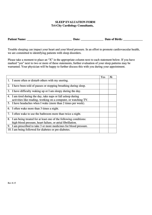 Top 10 Sleep Evaluation Form Templates free to download in PDF format
