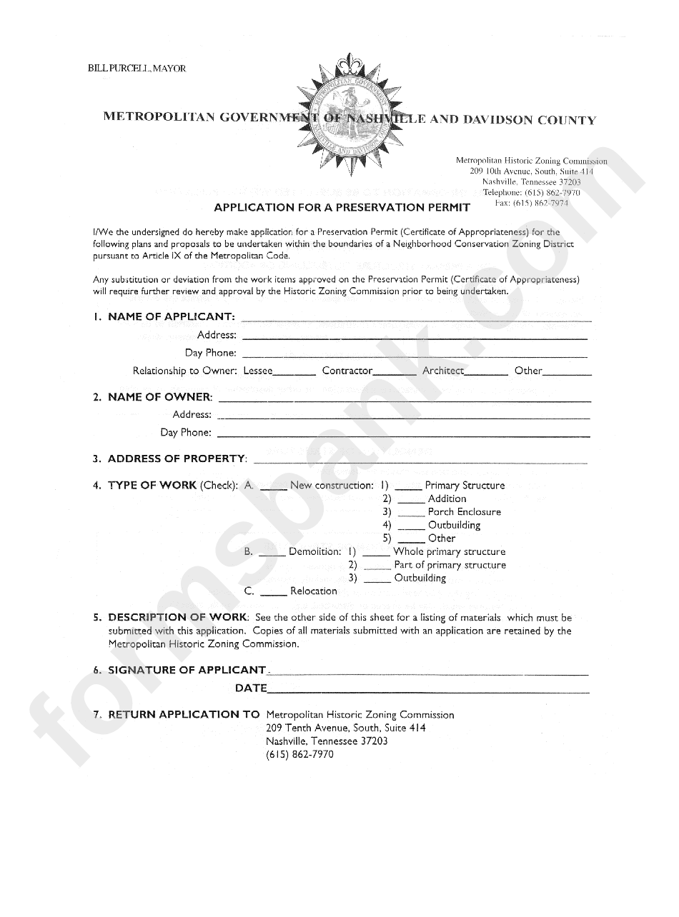Application For A Preservation Permit Metropolitan Government Of