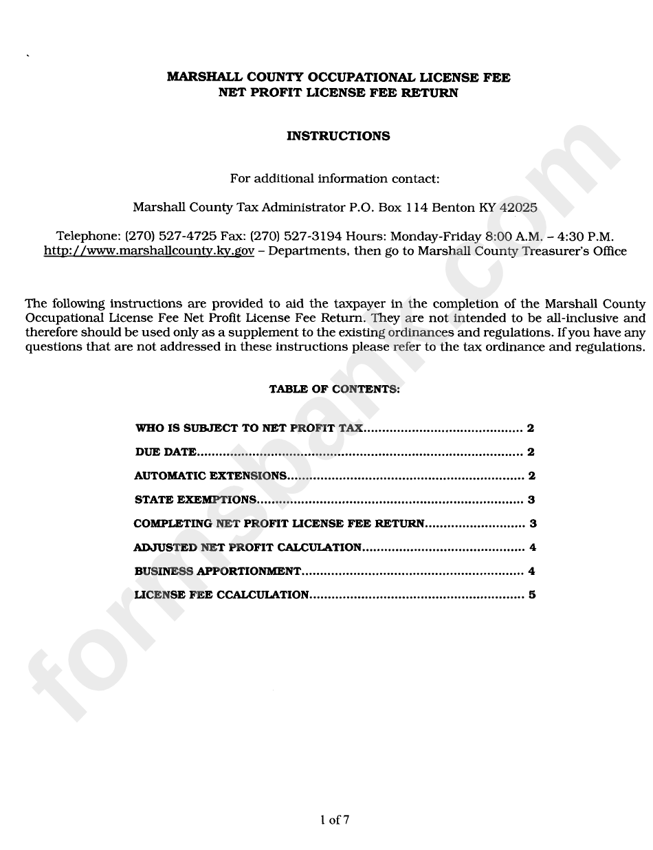 Instructions For Marshall County Occupational License Fee Net Profit