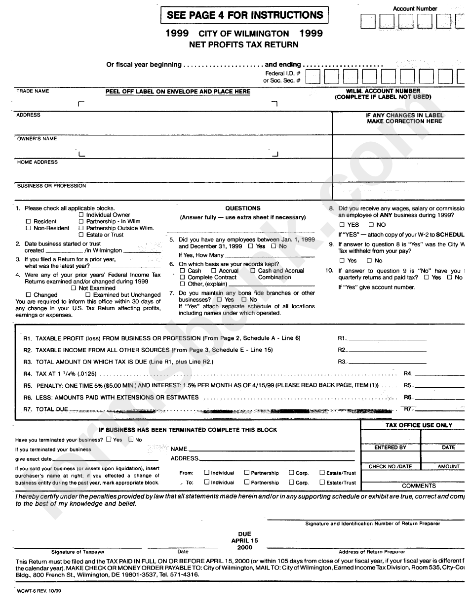 Form Wcwt6 Net Profits Tax Return City Of Wilmington 1999