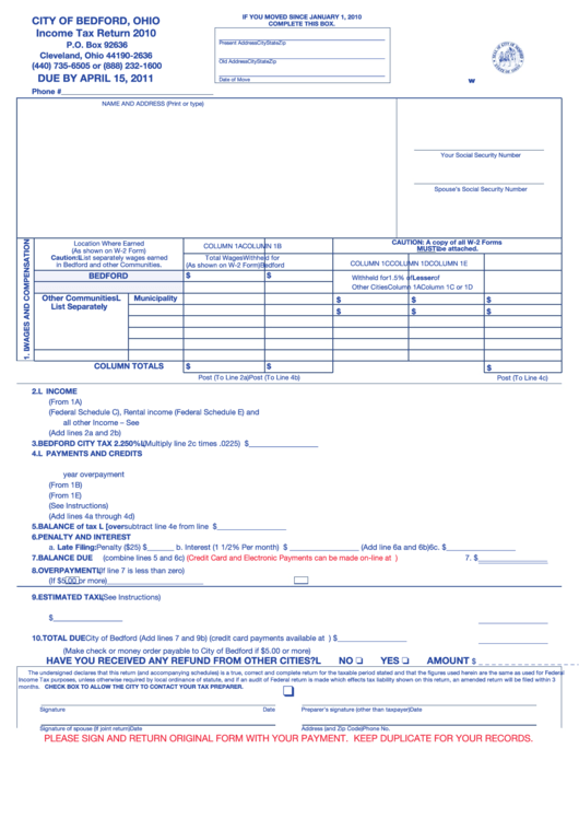 Tax Return City Of Bedford 2010 printable pdf download