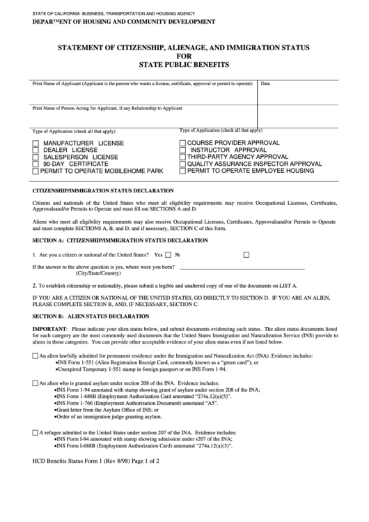 Fillable Hcd Benefits Status Form 1 Statement Of Citizenship