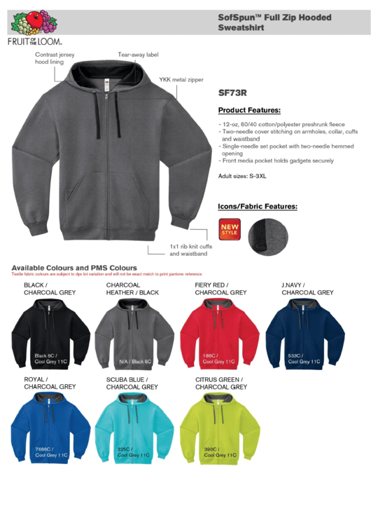 Sf73r Fruit Of The Loom Sofspun Full Zip Hooded Sweatshirt Size Chart