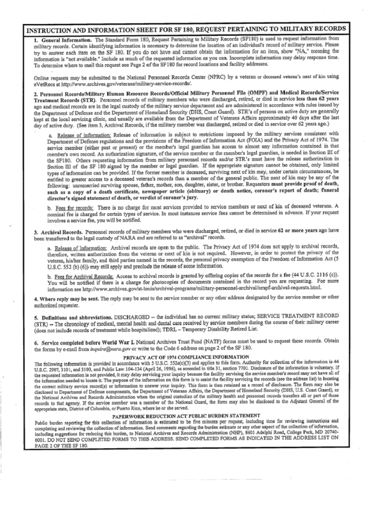 Standard Form 180 Request Pertaining To Military Records printable
