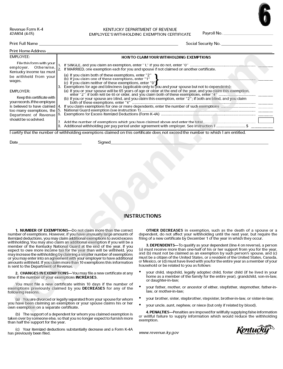 Form K4 Employee'S Withholding Exemption Certificate printable pdf