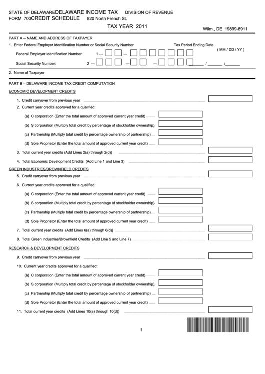 Form 700 Delaware Tax Credit Schedule 2011 printable pdf