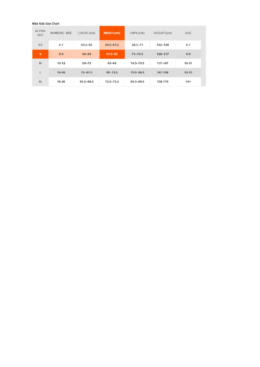 Nike Kids Size Chart printable pdf download