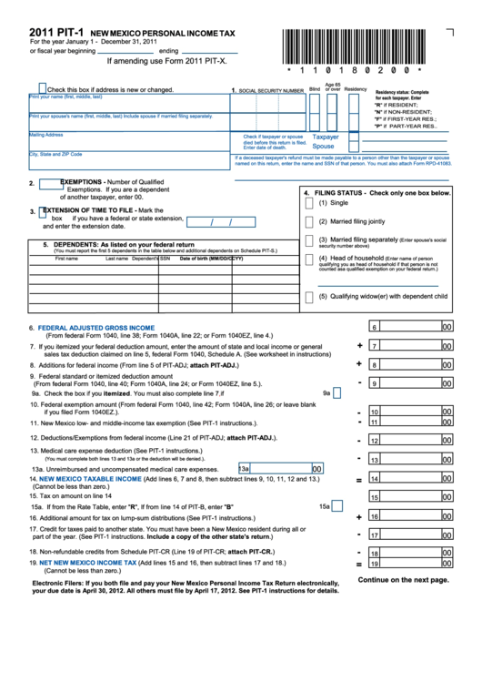 Form Pit1 New Mexico Personal Tax/form PitAdj New Mexico Schedule Of Additions And