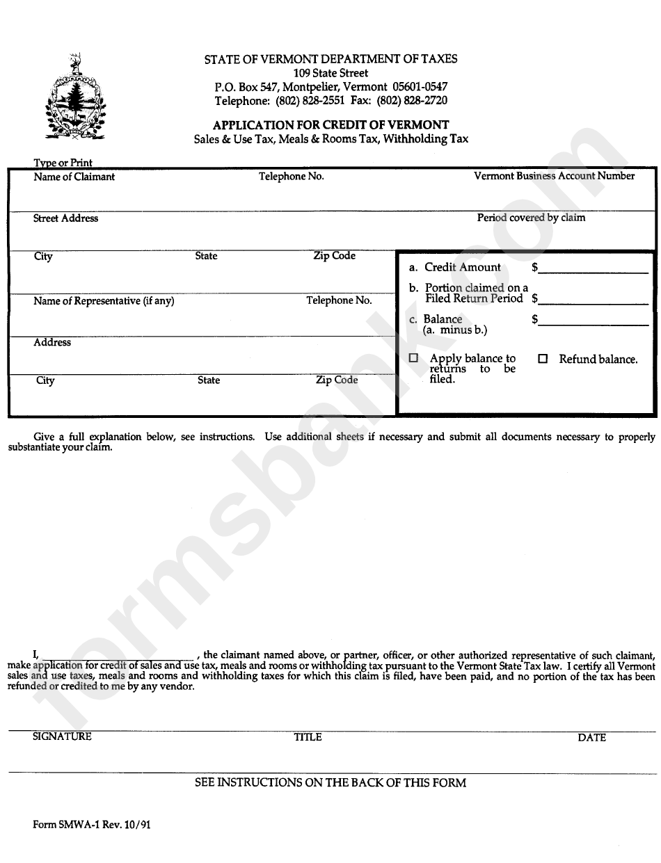 Form Smwa1 Application For Credit Of Vermont Department Of Taxes