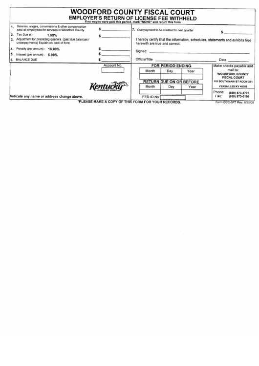 Form Occ3pt Employer'S Return Of License Fee Withheld Woodford