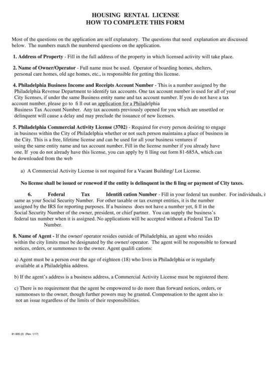 Form 81900 (1) Housing Rental License Application printable pdf download