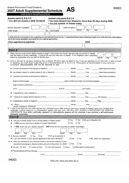Adult Supplemental Schedule Alaska Permanent Fund Dividend 2007