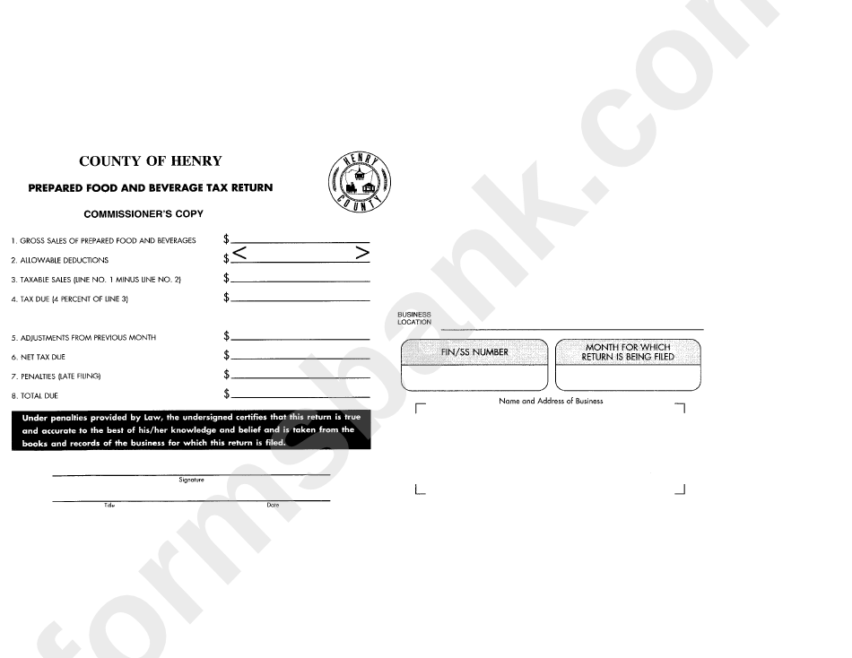 Prepared Food And Beverage Tax Return County Of Henry, Virginia