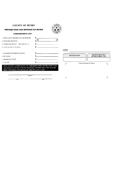 Prepared Food And Beverage Tax Return County Of Henry, Virginia