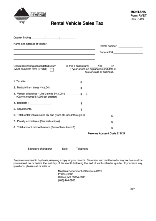 Form Rvst Rental Vehicle Sales Tax printable pdf download