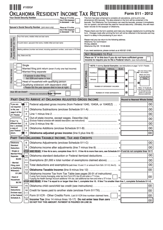 Fillable Form 511 - Oklahoma Resident Income Tax Return - 2012
