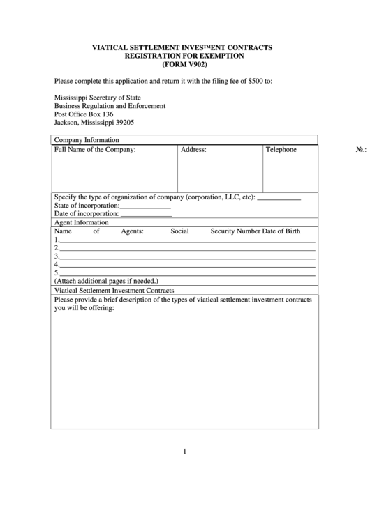 Form V902 Viatical Settlement Investment Contracts Registration For Exemption printable pdf