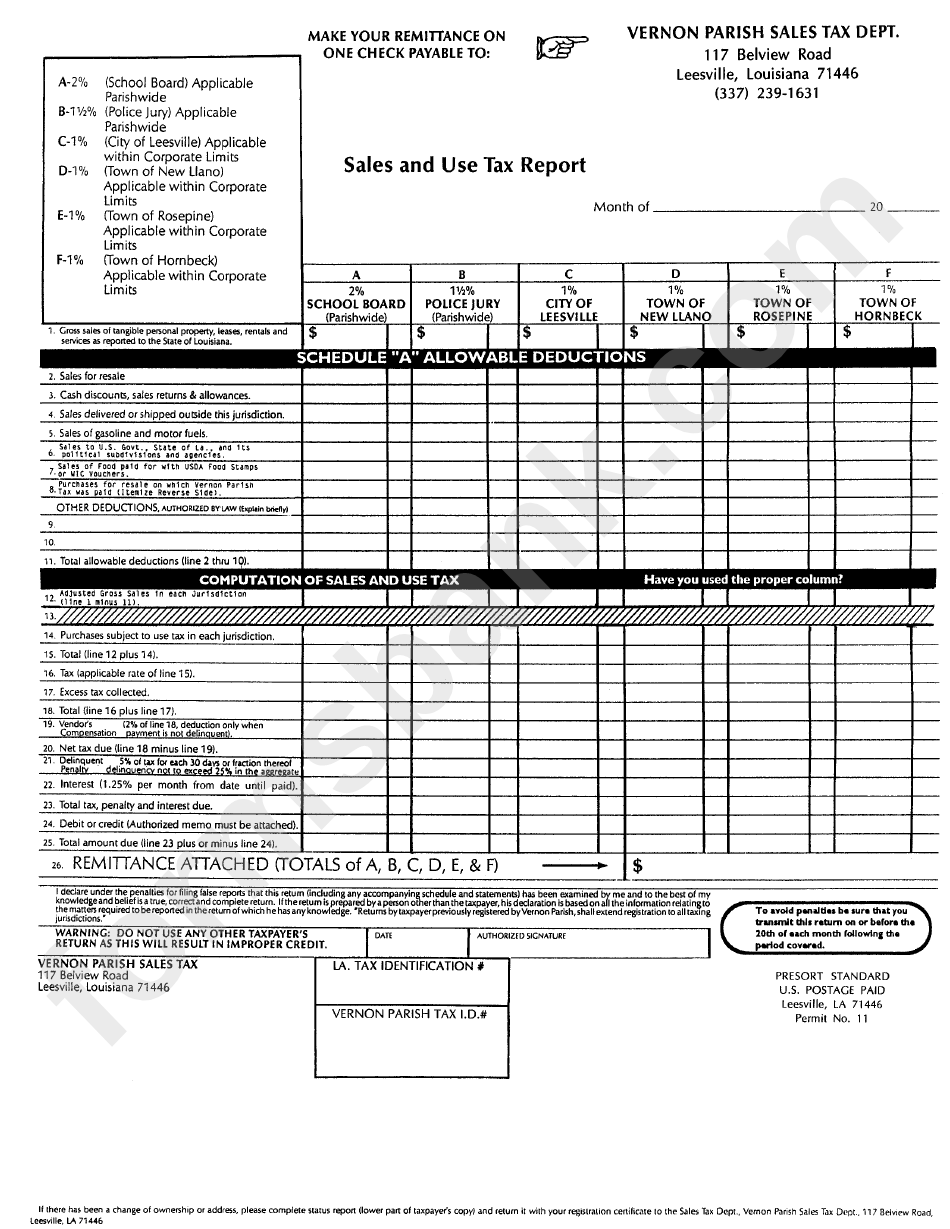 Sales And Use Tax Report Vernon Parish Sales Tax Department printable pdf download