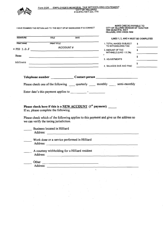 Fillable Form Eqr Employer'S Municipal Tax Withholding Statement