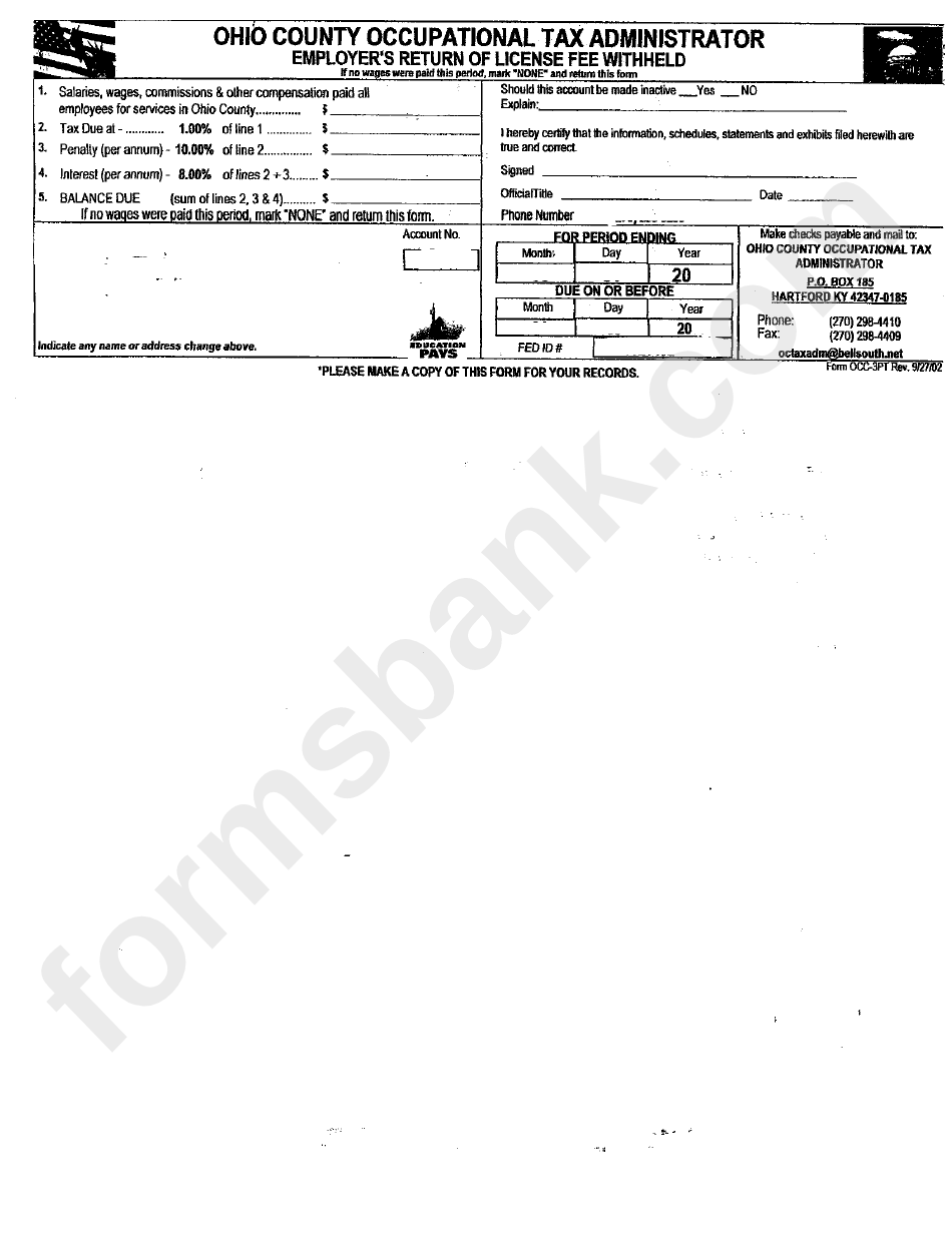 Form Ooc3pt Employer'S Return Of License Fee Withheld Ohio County