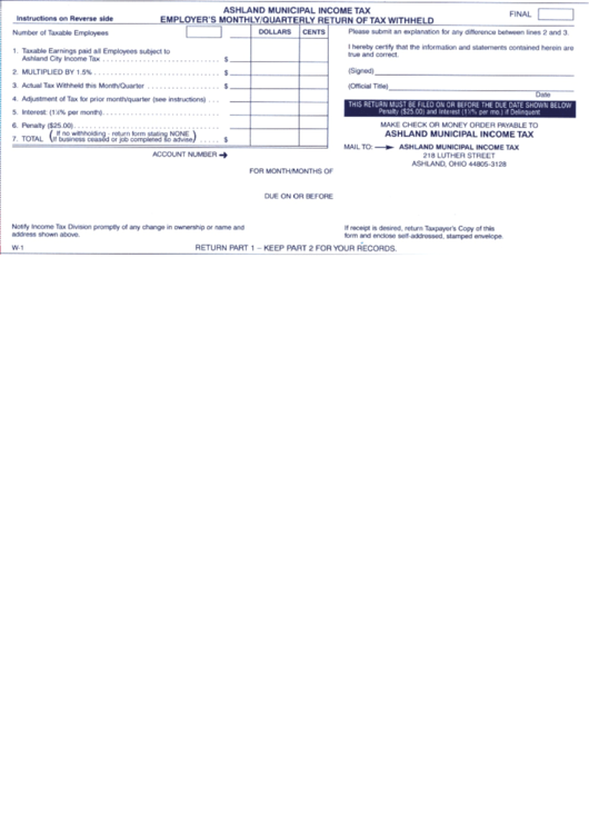 Form W1 Employer'S Monthly/quarterly Return Of Tax Withheld City Of Ashland, Ohio
