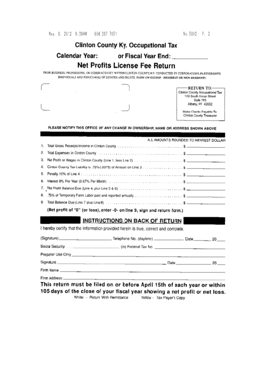 Net Profits License Fee Return Clinton County, Kentucky Occupational