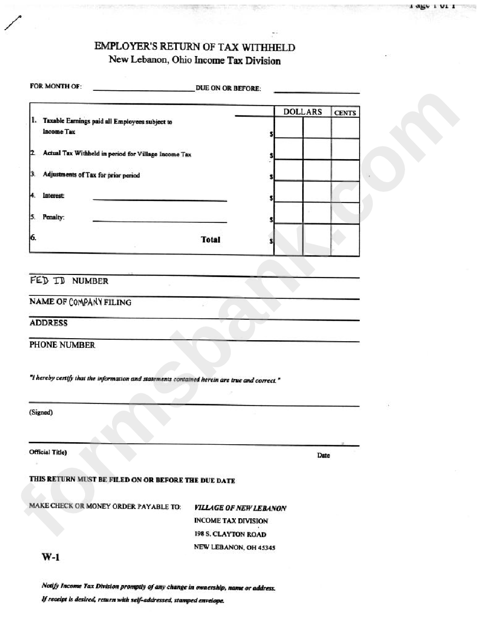 Form W1 Employer'S Return Of Tax Withheld City Of New Lebanon