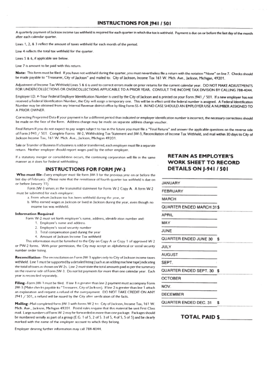 Instructions For Form J941/501 & Form Jw3 City Of Jackson, Michigan
