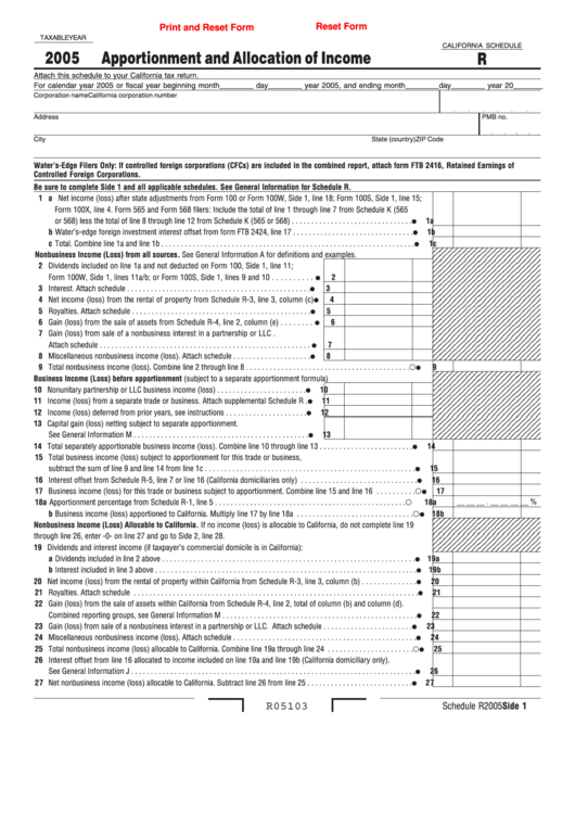 Fillable California Schedule R Apportionment And Allocation Of