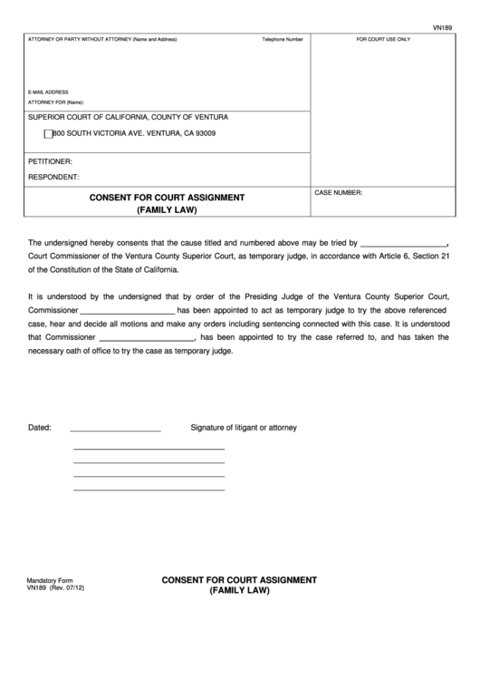 Fillable Mandatory Form Vn189 Consent For Court Assignment (Family