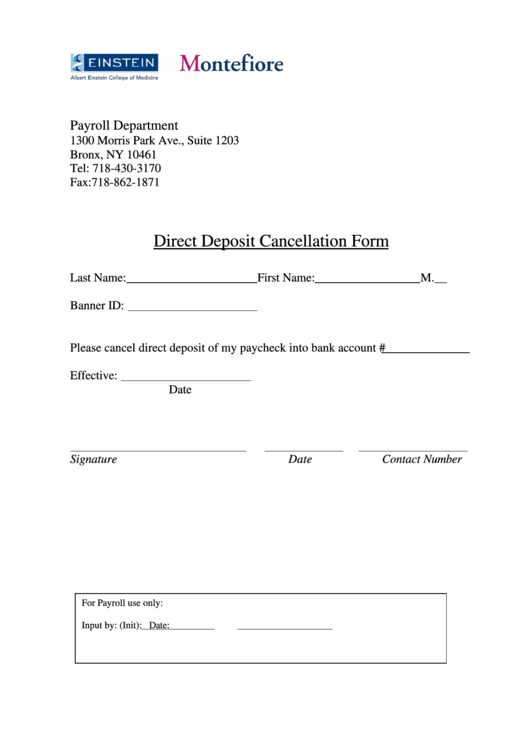 Direct Deposit Cancellation Form Albert Einstein College Of Medicine
