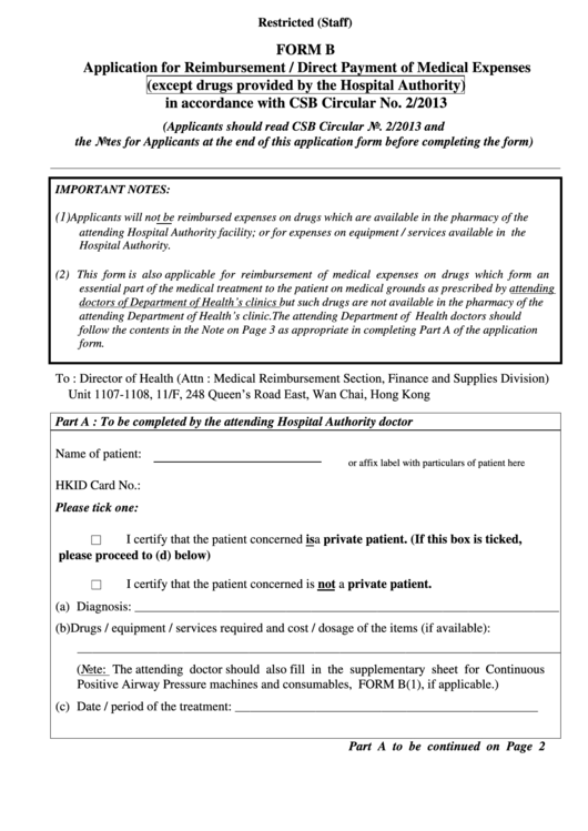 Form B Application For Reimbursement/direct Payment Of Medical