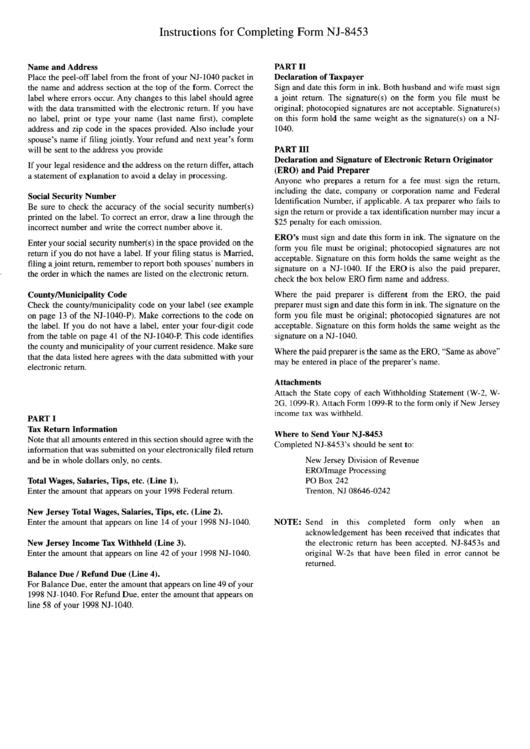 Instructions For Completing Form Nj8453 printable pdf download