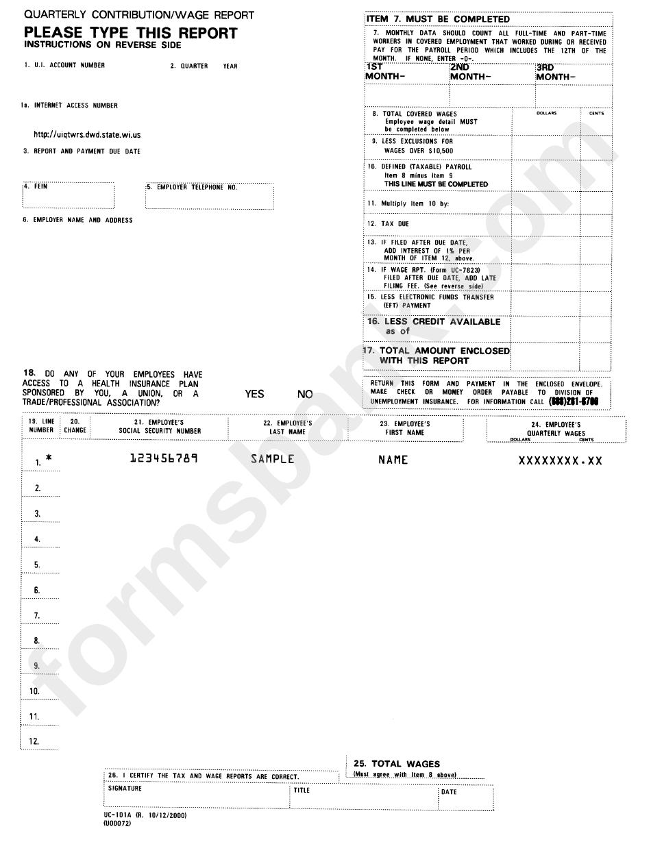 Form Uc101a Quarterly Contribution/wage Report Wisconsin