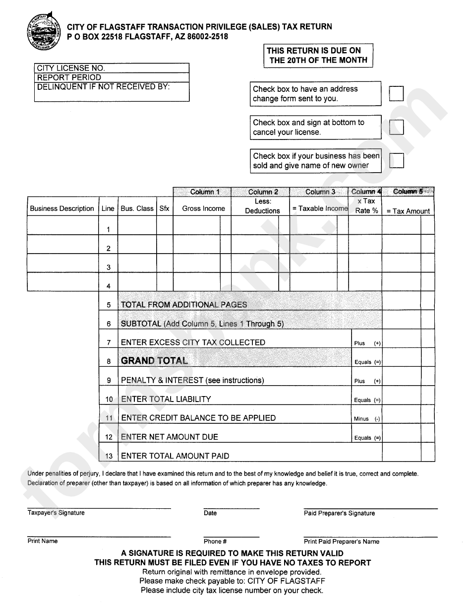 City Of Flagstaff Transaction Privilege (Sales) Tax Return printable
