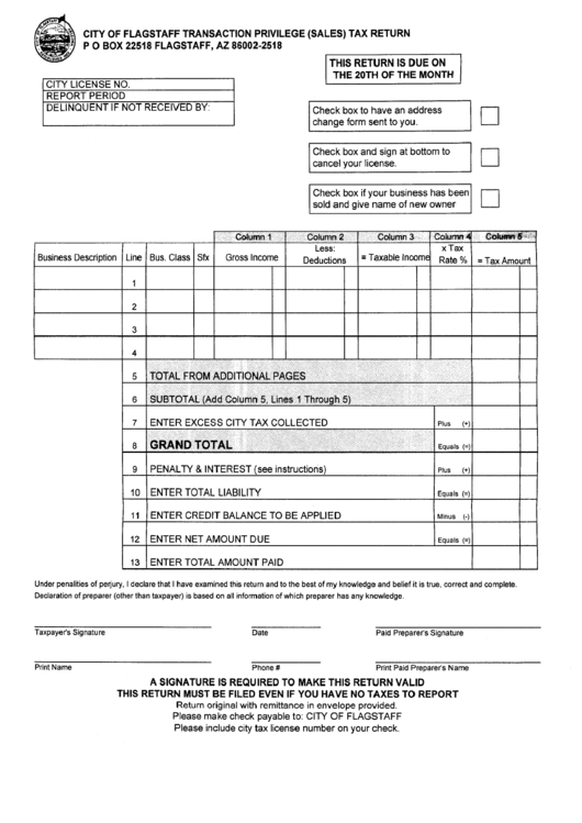 City Of Flagstaff Transaction Privilege (Sales) Tax Return printable