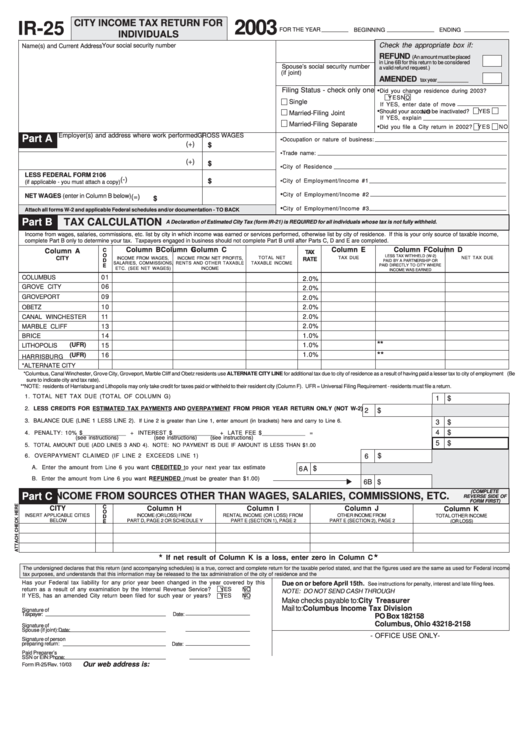 Fillable Form Ir25 City Tax Return For Individuals City Of